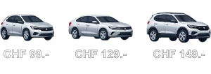 Icône de trois voitures blanches avec les prix CHF 99.–, CHF 129.– et CHF 149.– représentant les tarifs du Nettoyage Basique.