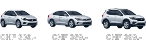 Icône de trois voitures blanches avec les prix CHF 209.–, CHF 259.– et CHF 299.– représentant les tarifs du Nettoyage Medium.